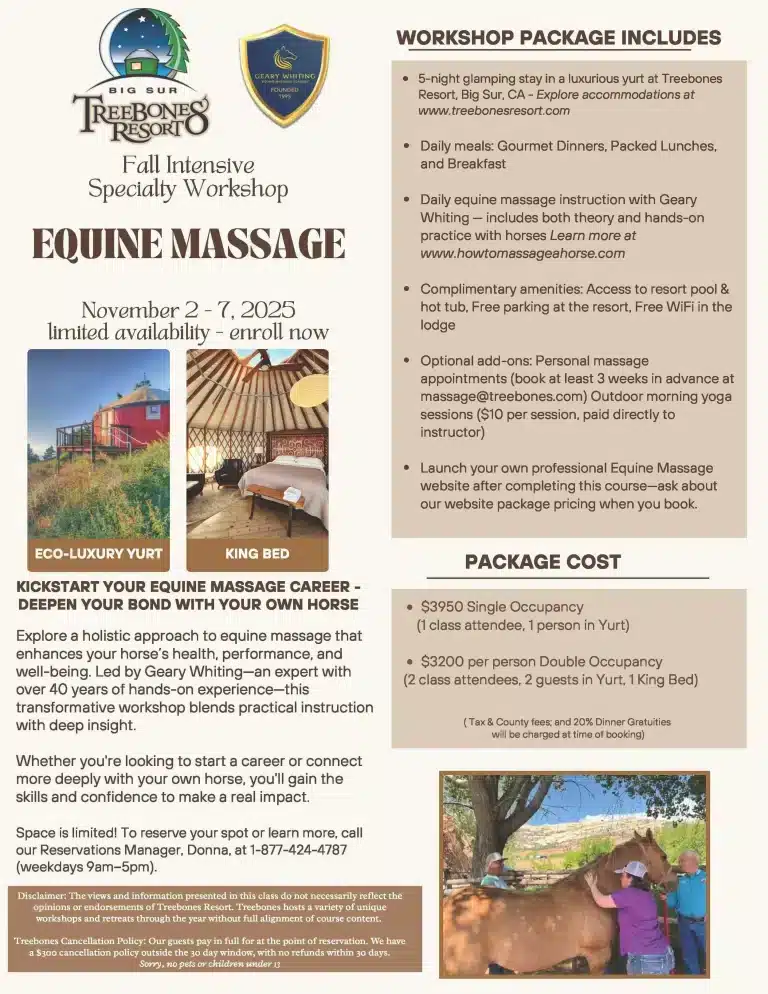 Geary Whiting's Equine Massage Academy - Treebones Yurt Resort Fall Intensive Specialty Workshop in Big Sur, California