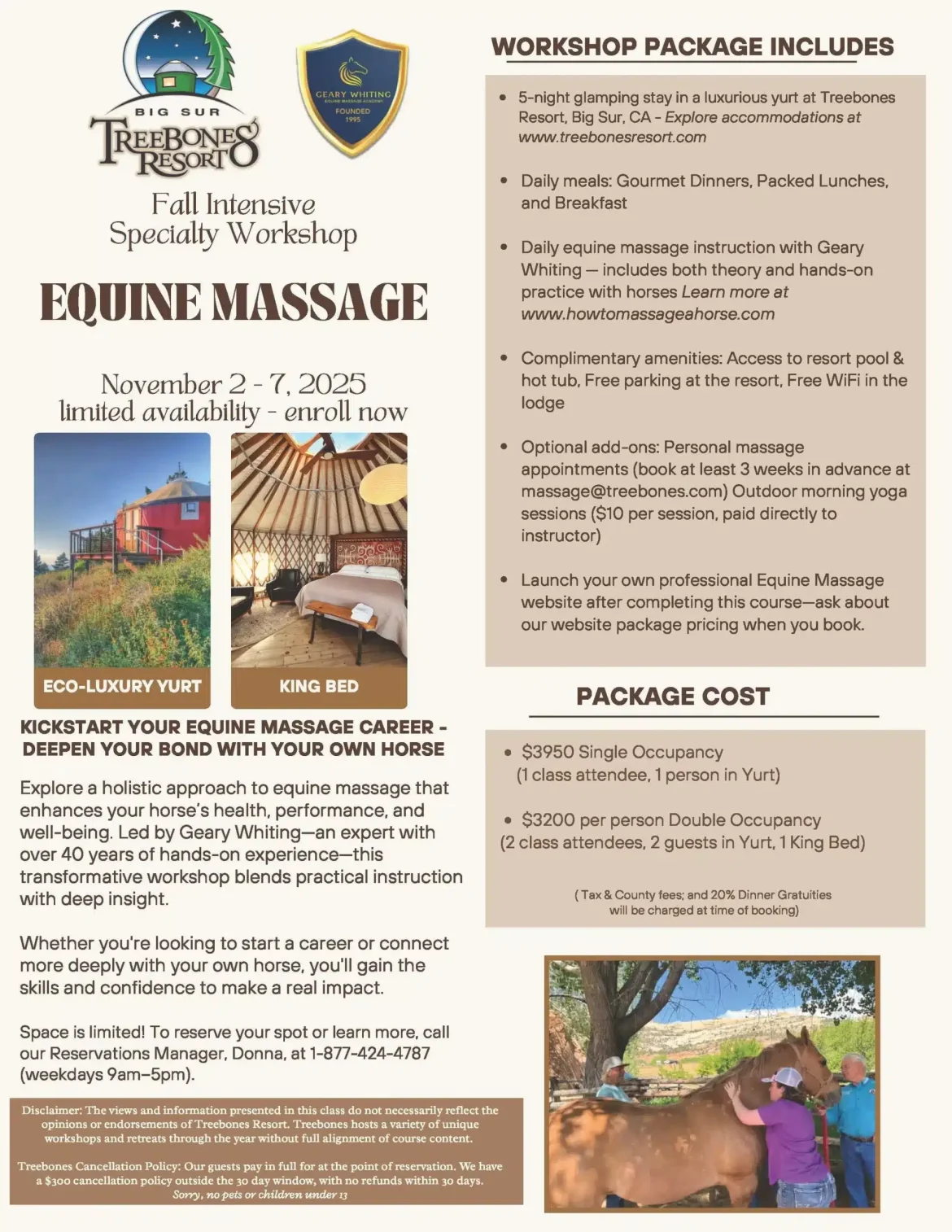 Geary Whiting's Equine Massage Academy - Treebones Yurt Resort Fall Intensive Specialty Workshop in Big Sur, California