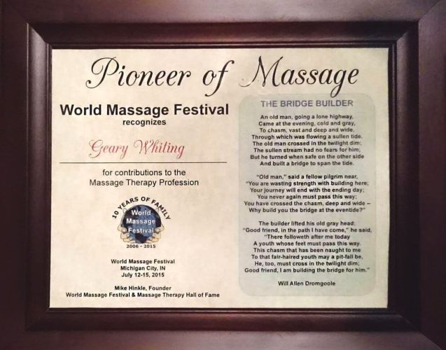 Geary Whiting's Equine Massage Academy - Pioneer of Massage Award, World Massage Festival 2015